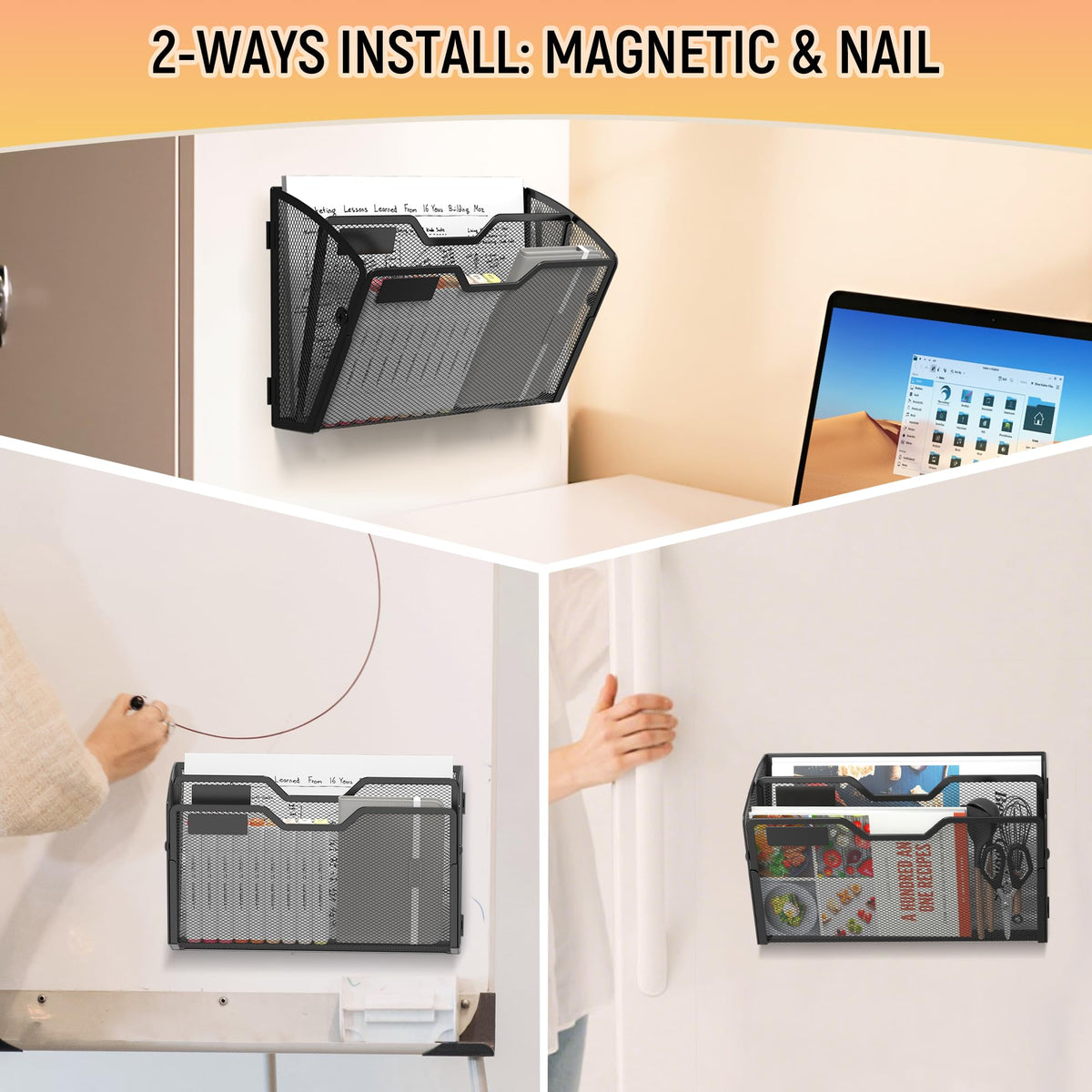 Docnest 3 Pack 2 Tier Dual-Mount Magnetic Mesh File Holders, Wall Organizer