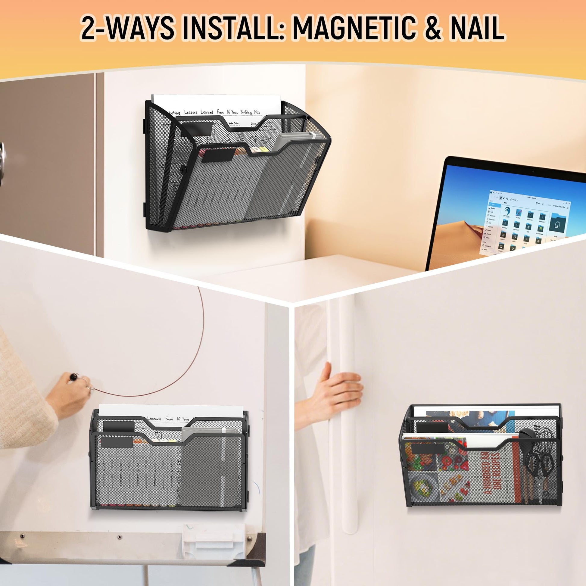 Docnest 3 Pack 2 Tier Dual-Mount Magnetic Mesh File Holders, Wall Organizer