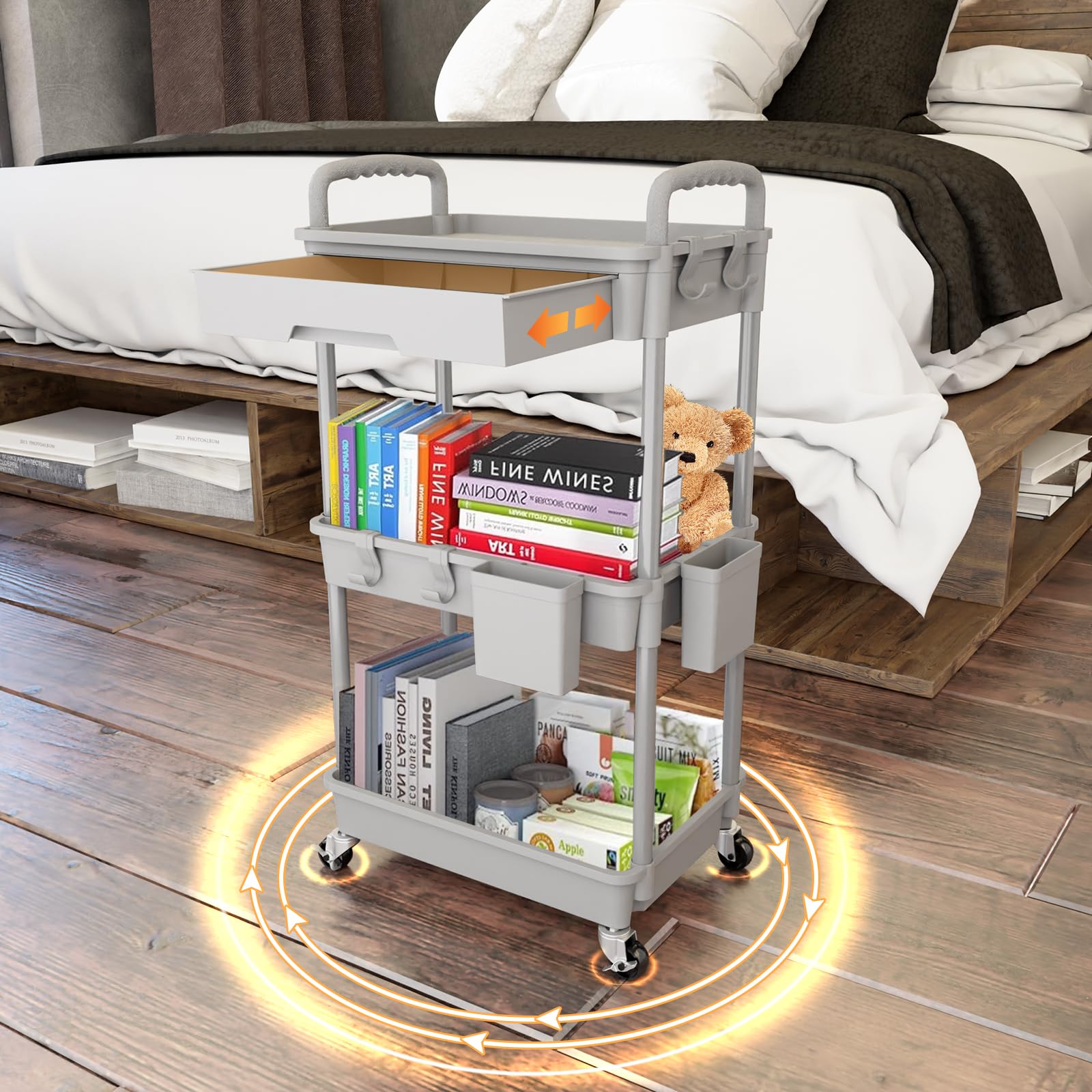 3 Tier Rolling Utility Cart with Drawer,REBECAT Utility Cart Made of Multifunctional Storage