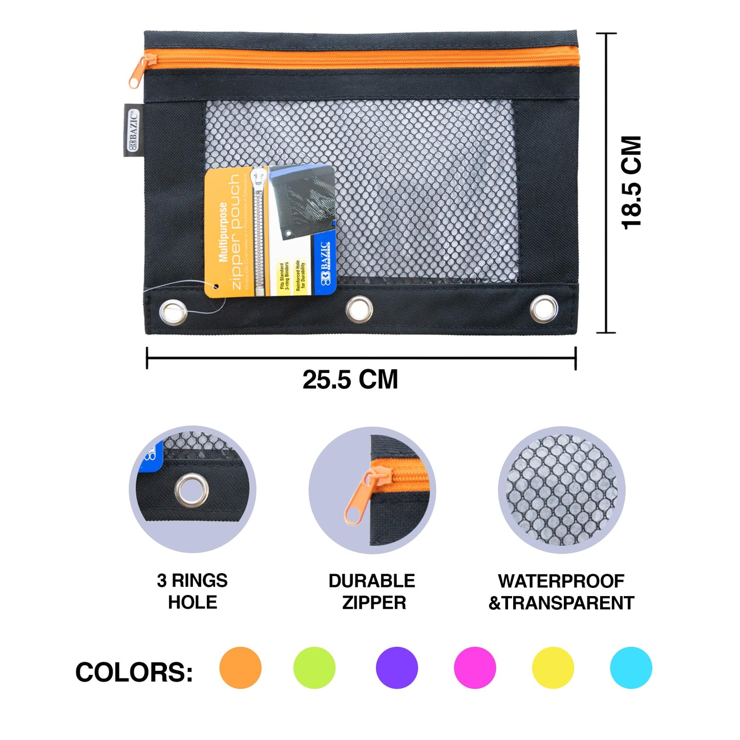 BAZIC Products Noir Neon 3-Ring Pencil Pouch with Mesh Window, 6-Set