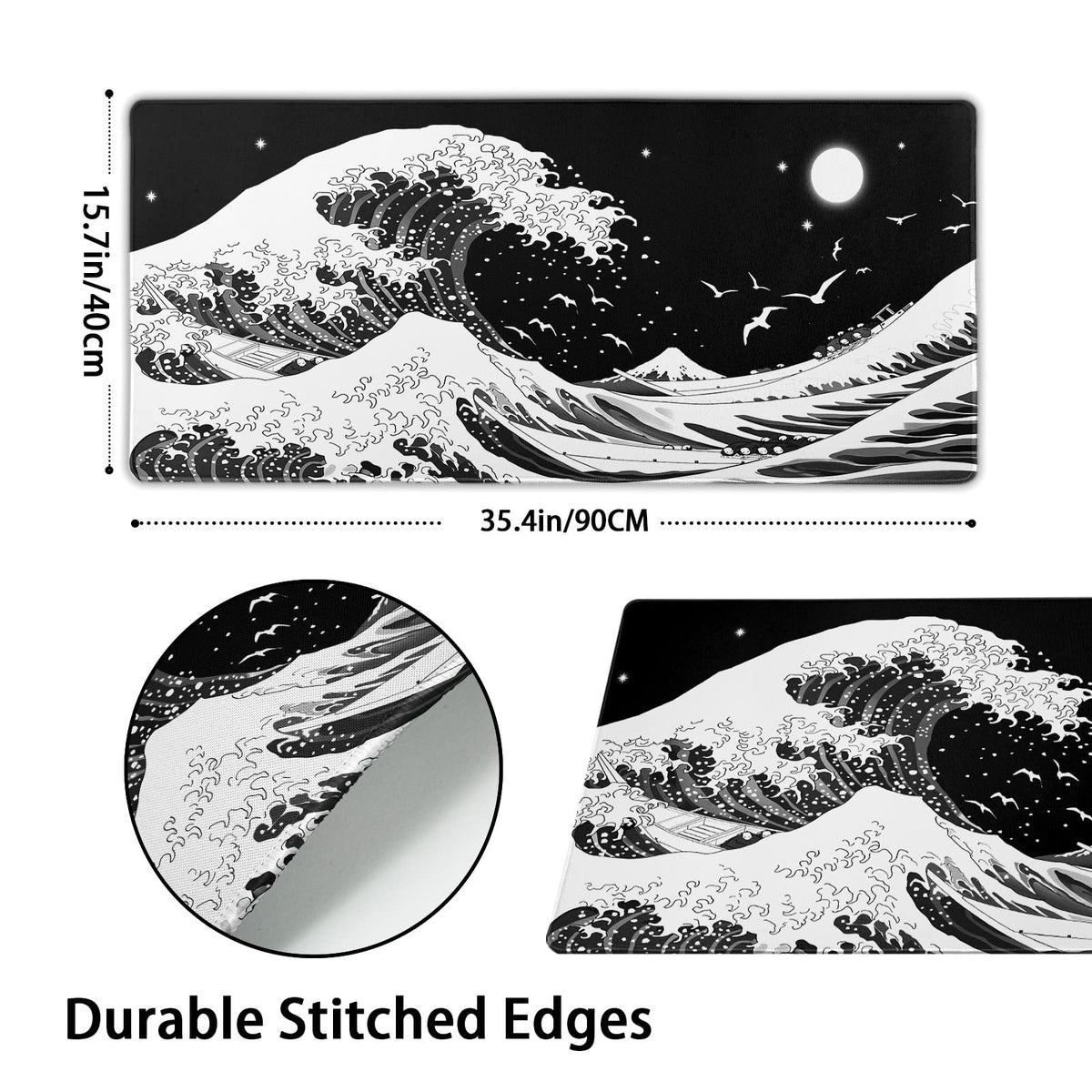 Japanese Wave Mouse Pad XXL Black White Sea Aesthetic Moon Extended Desk Mat 90X40 CM Non-Slip
