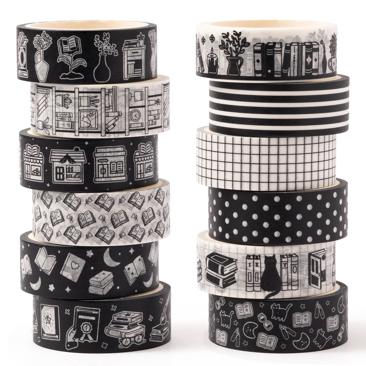 BkeeCten12 Rolls Black White Reading Book Library Theme Designs Washi Tape
