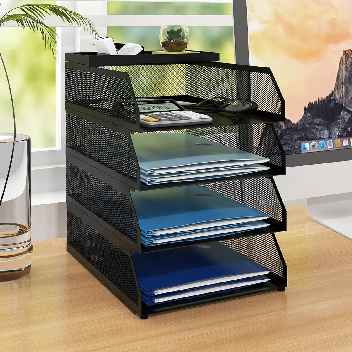 Natwind 4-Tier Stackable Metal Mesh Desk Paper Tray Organizer,Black