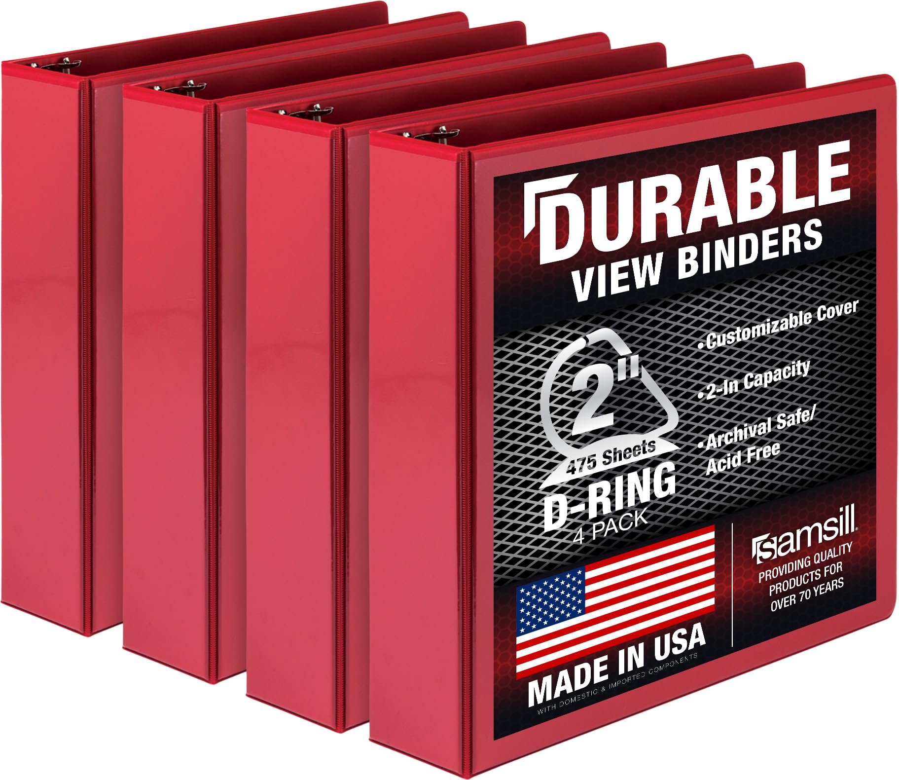 Samsill Durable 2 inch 3 Ring Binder, D Ring Binder, 100% Recycled Chipboard, Red, 4 Pack