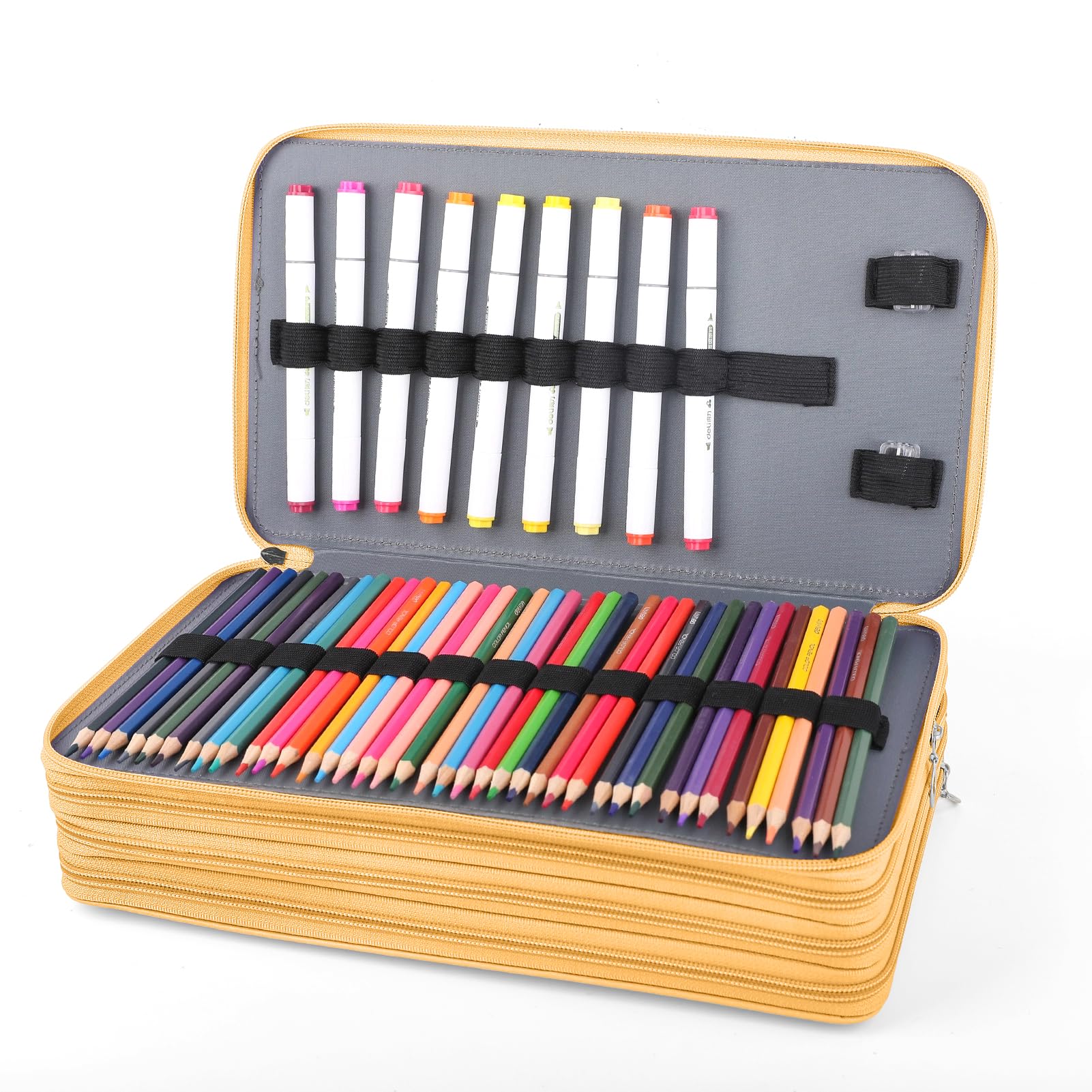 Vomgomfom 300 Slots Marker Case 4-Layer PU Leather, Handle, Yellow Flower