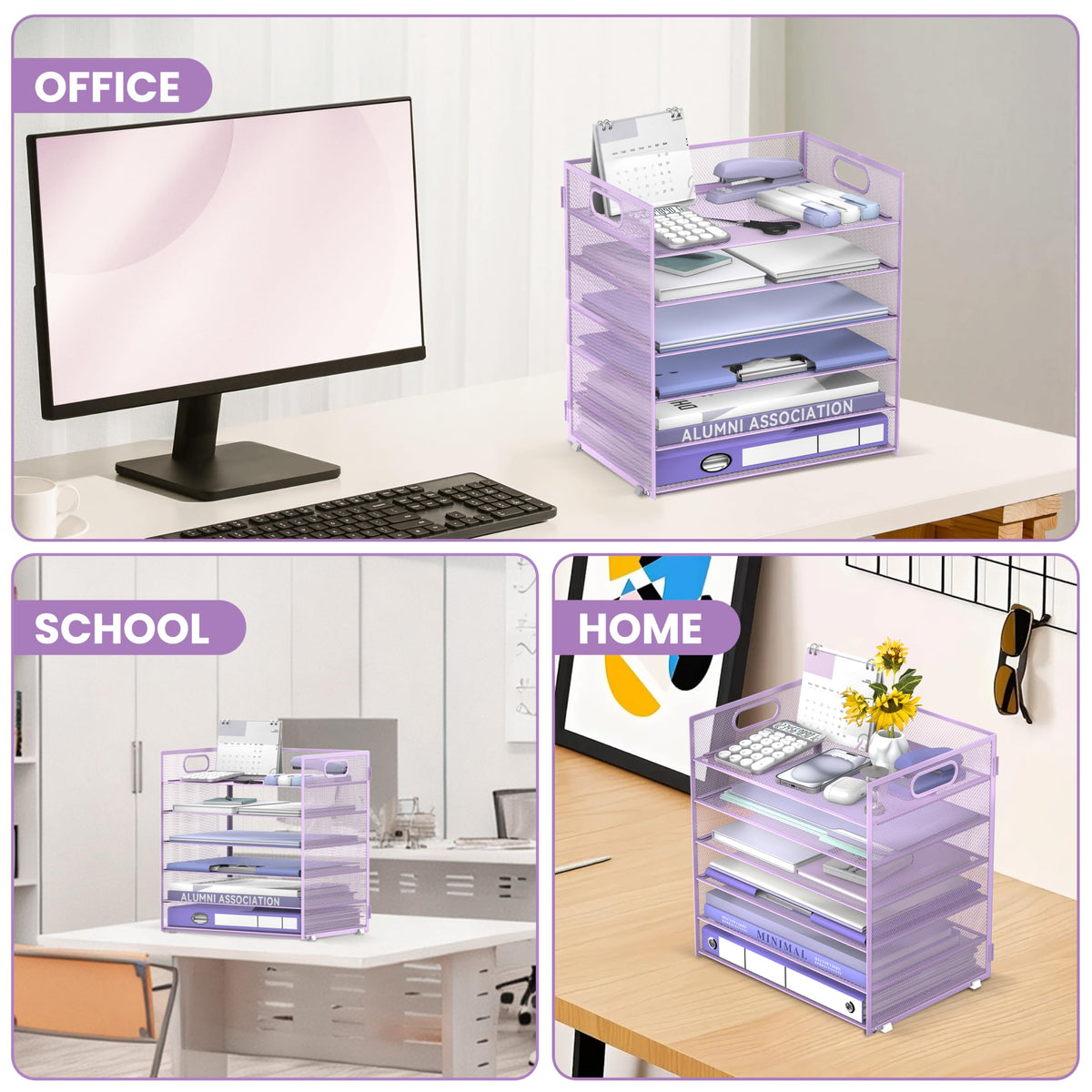 Daltack 6-Tier Paper Organizer for Desk with Handle, Purple