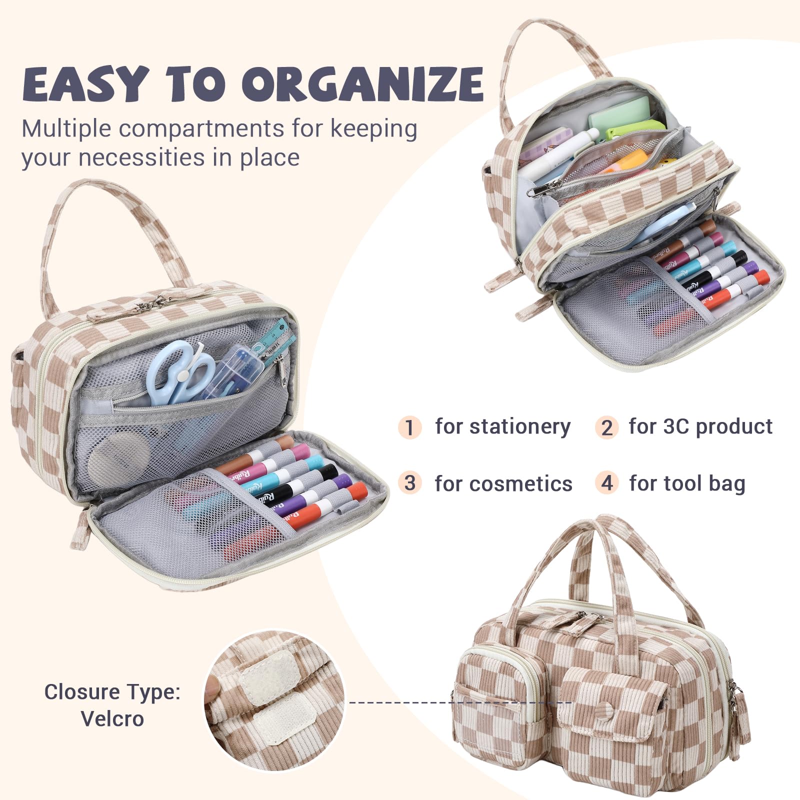 QIXIHU Pencil Case Corduroy Multiple Compartments Pouch Bag for Girl, Khaki