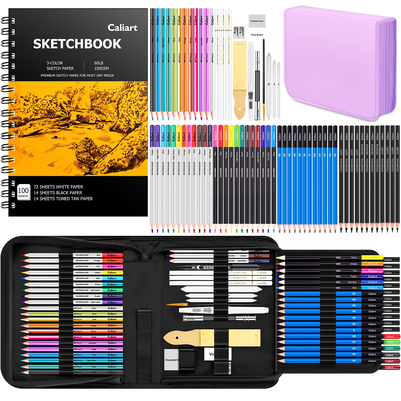 Caliart 176PCS Art Supplies Sketching Kit, 100 Sheets 3-Color Sketch Book