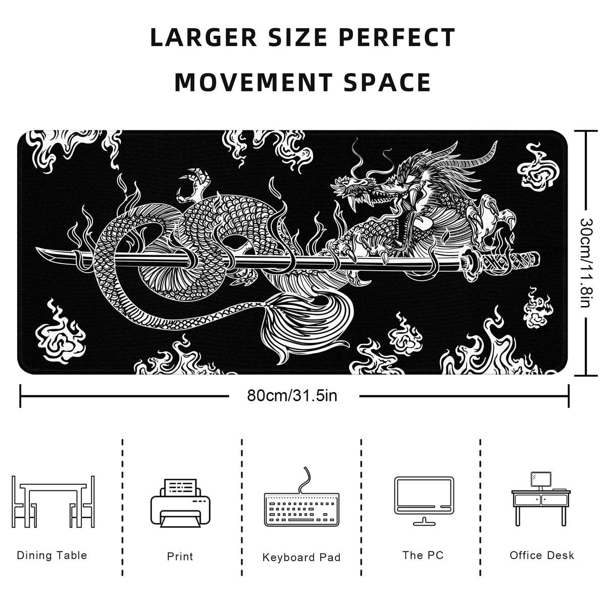 Japanese Dragon Gaming Mouse Pad Large Black Desk Mat, 31.5x11.8in, XL