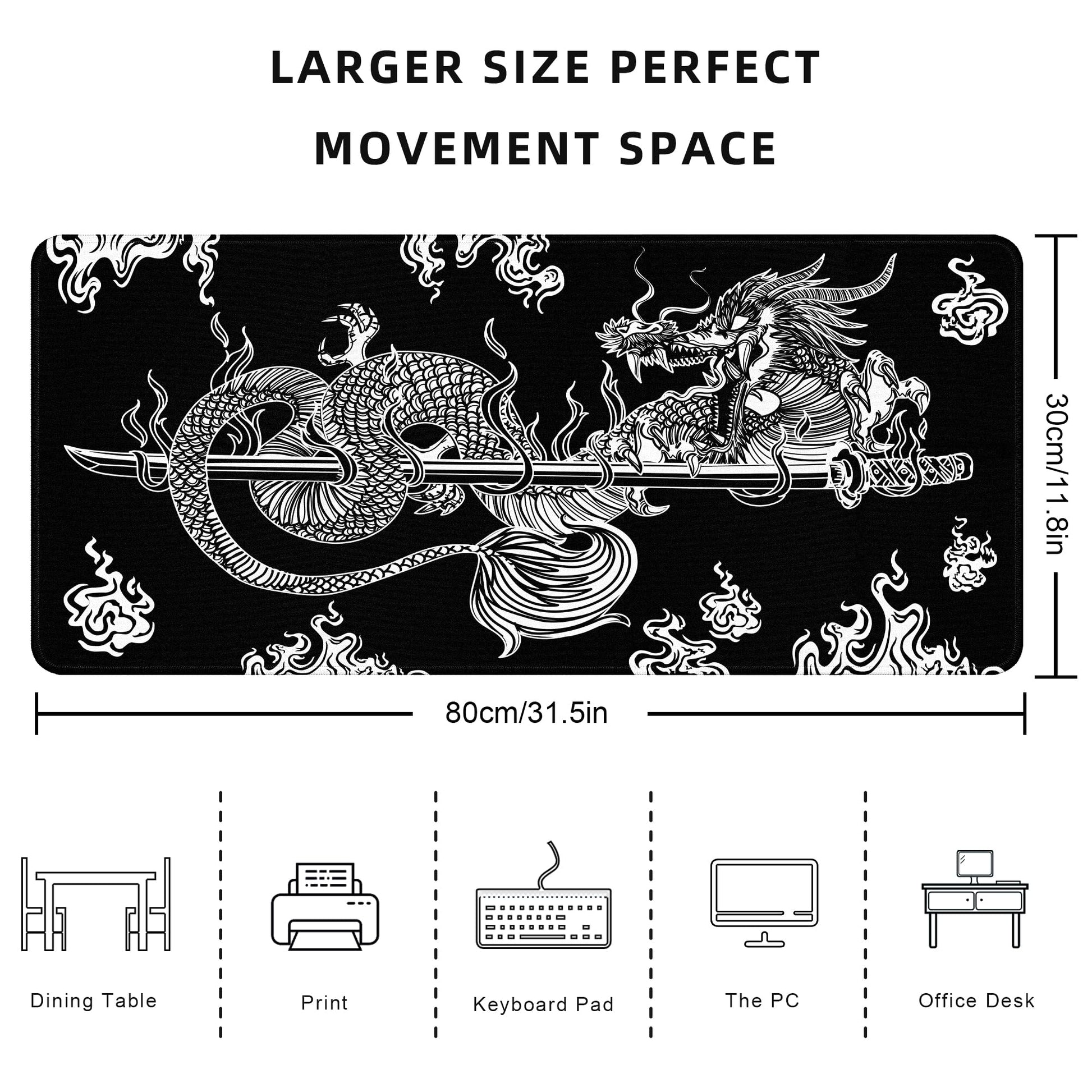 Japanese Dragon Gaming Mouse Pad Large Black Desk Mat, 31.5x11.8in, XL