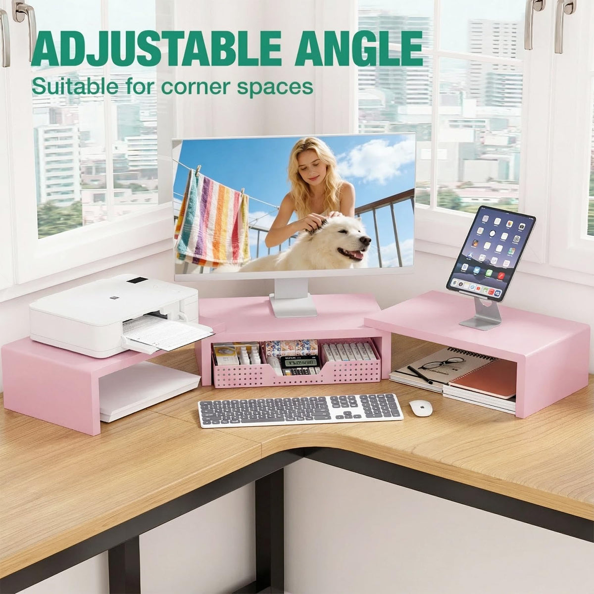 OPNICE Dual Computer Monitor Stand Riser, Desk Organizer with Drawer, Office Desk Accessories &