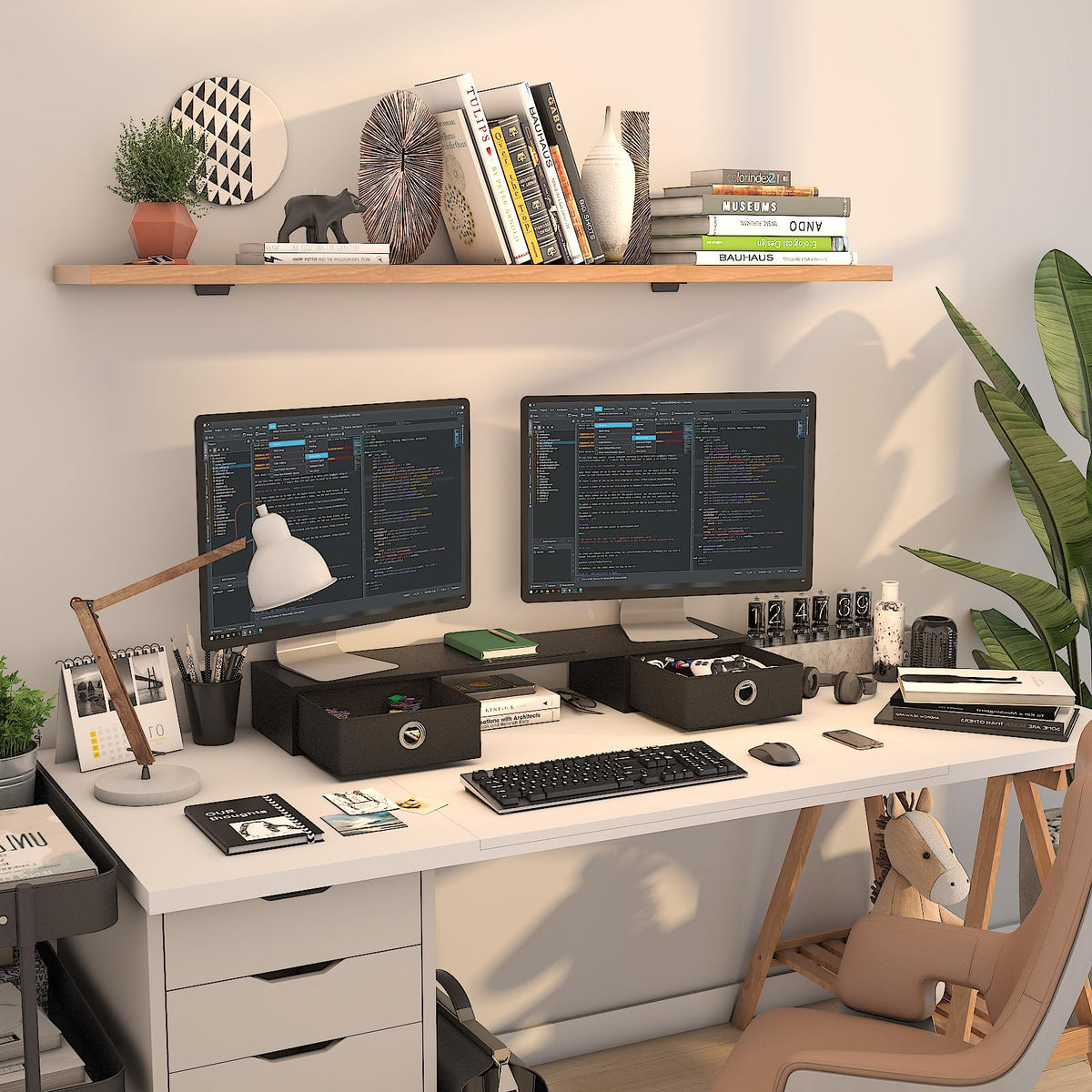 WESTREE Dual Monitor Stand Riser with Two Drawers, Extra Large Storage Monitor Stand for 2