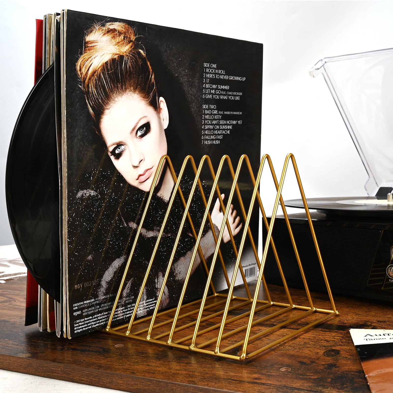 Udreamer 9 Slot Record Holder,Triangle Vinyl Record Storage, Golden