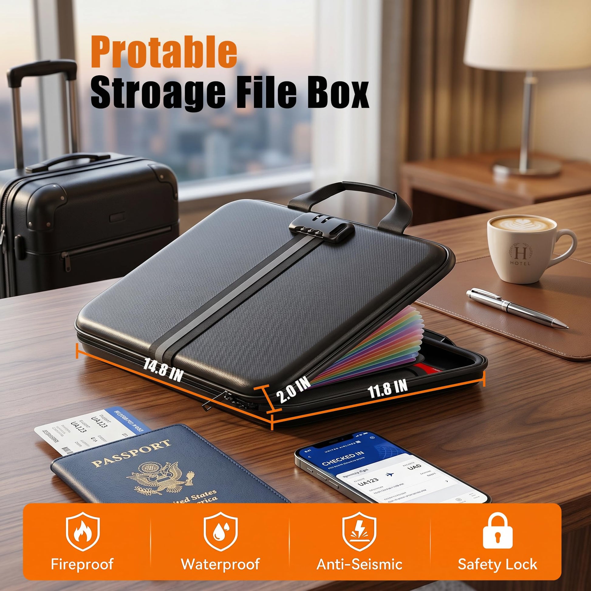 IPYIPY Fireproof Document Organizer with Lock, Semi-Rigid EVA Shell File Box with 13-Pocket