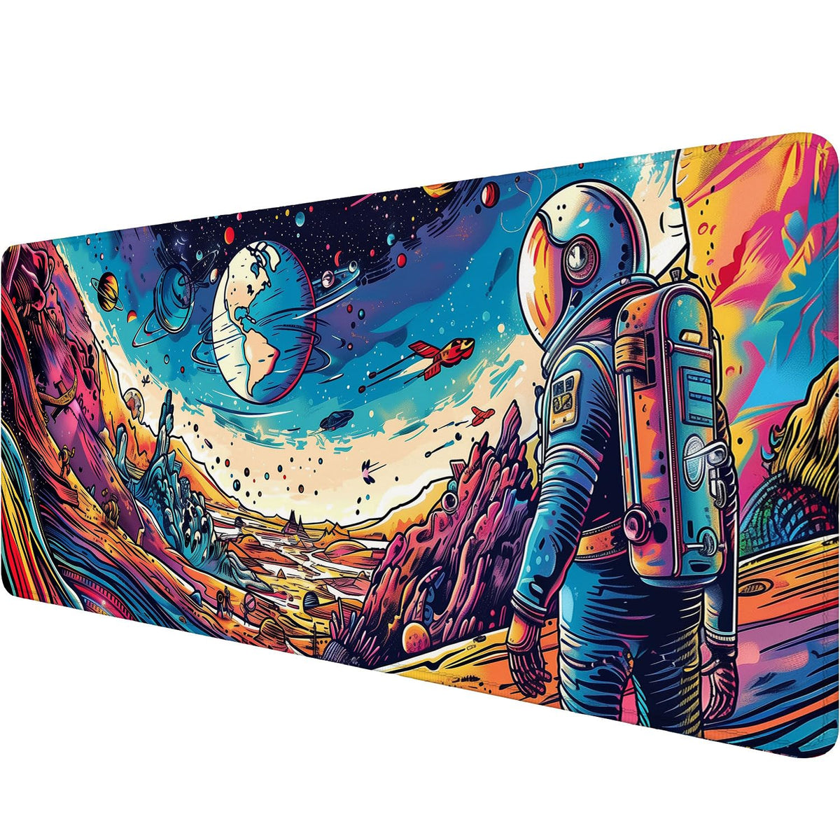 Space Planet Desk Mat Astronaut Spaceship Cosmic Large Gaming Mouse Mat with Stitched