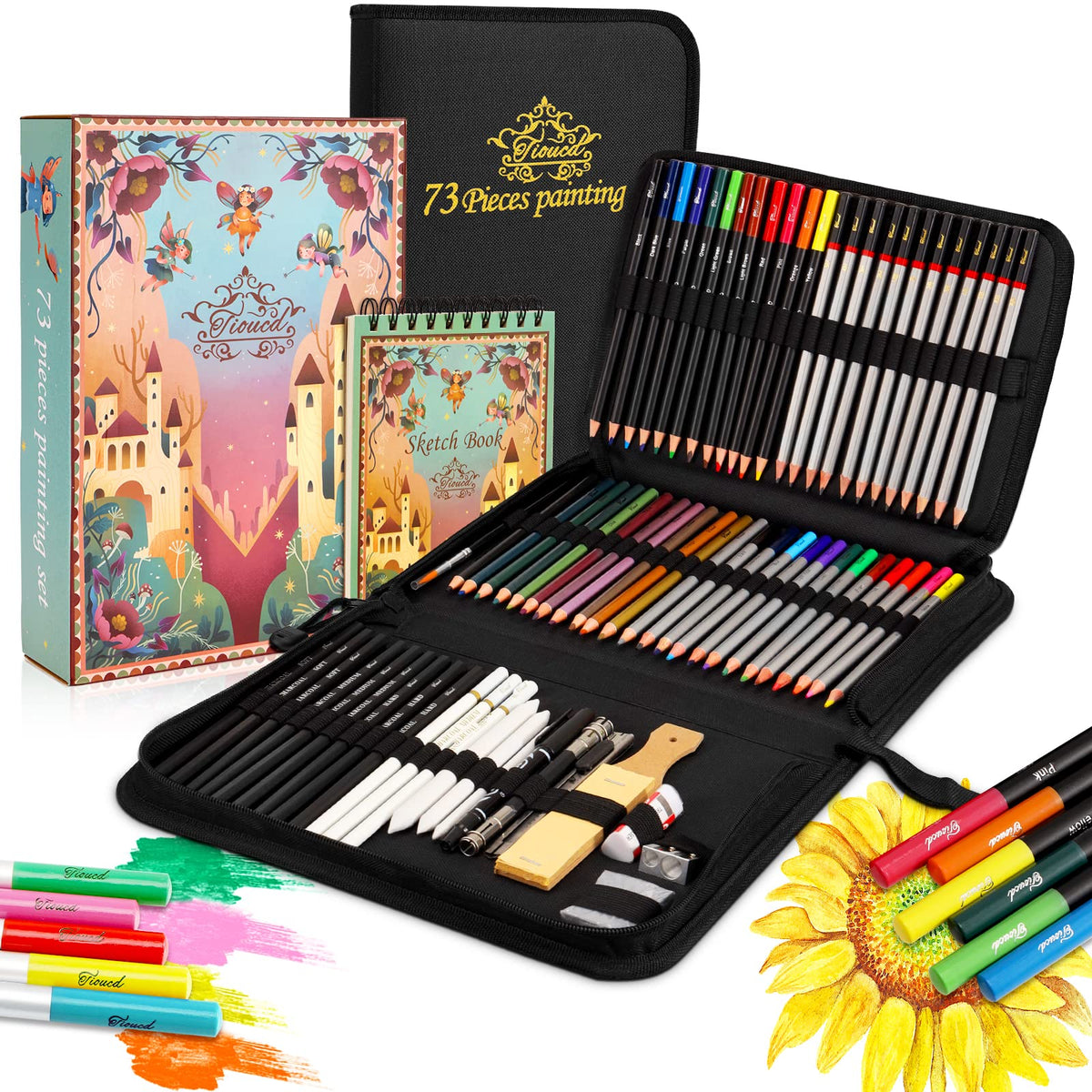 Tioucd 73 Pcs Drawing Kit – Professional Art Supplies Drawing Set with Graphite, Charcoal, Colored