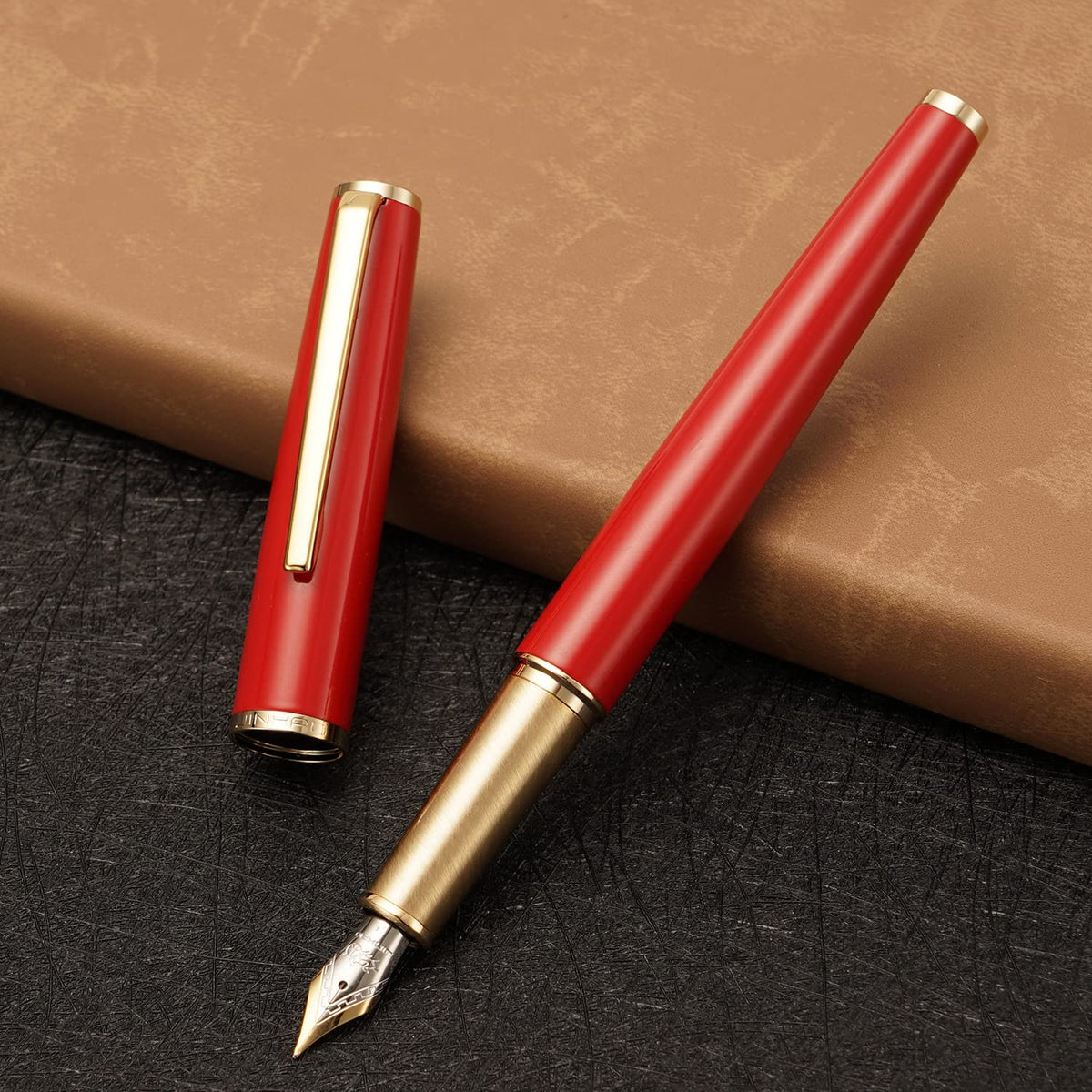 Jinhao 95 Metal Fountain Pen Fine Nib, Vivid Red with Golden Clip Writing Pen