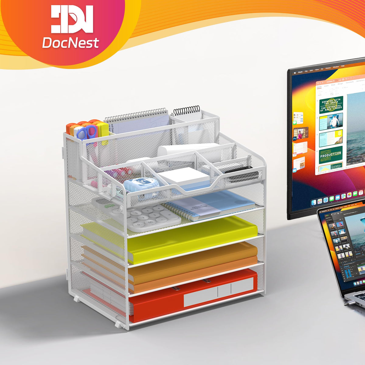 Docnest 5 Tier Mesh Desk Organizer with Letter Tray & Paper Sorter, White