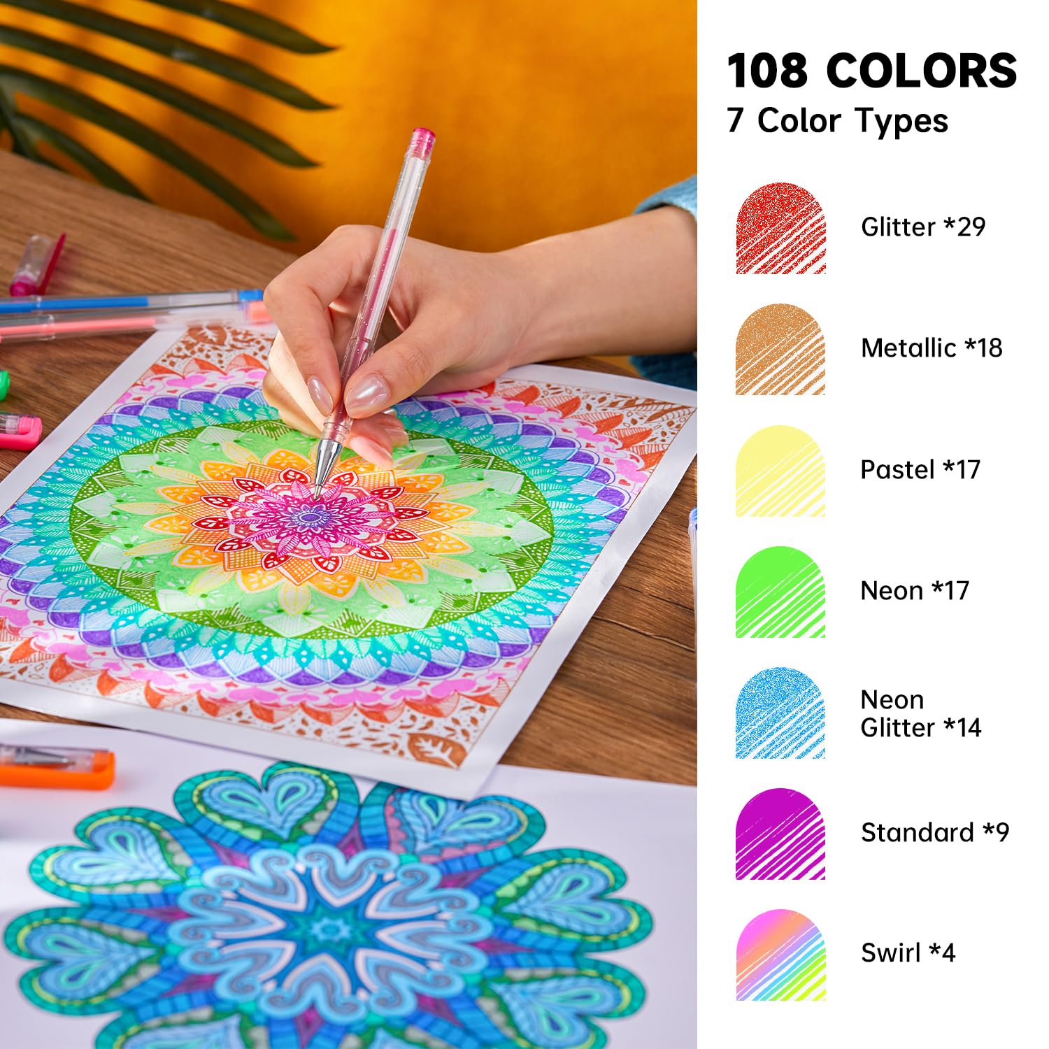 Lineon 108 Colors Gel Pens Set, Gel Pens for Adult Coloring Books Journals Drawing Doodling Art