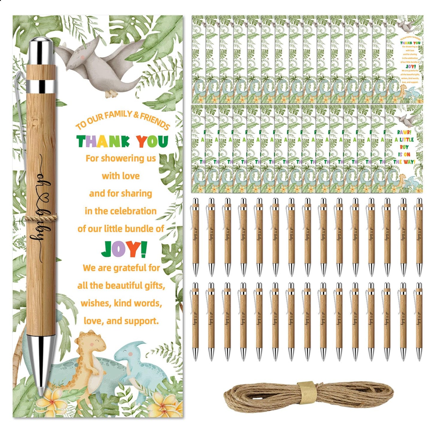 30 Pcs Dinosaur Baby Shower Favors Bulk, Bamboo Pens and Greeting Cards