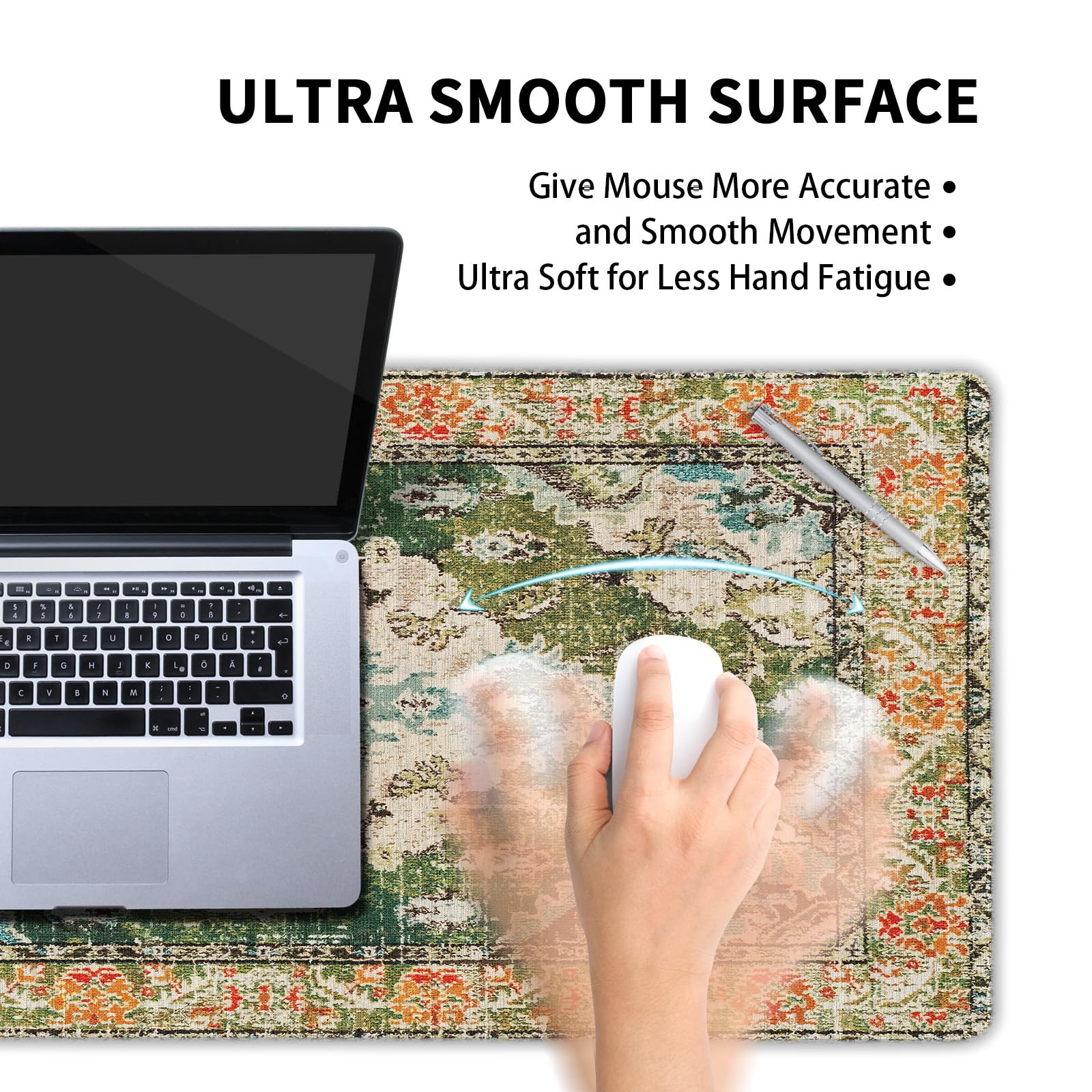 Vintage Rug Mouse Pad XL Green Orange Retro Carpet Aesthetic Extended Table Mat 80X30 cm Non-Slip