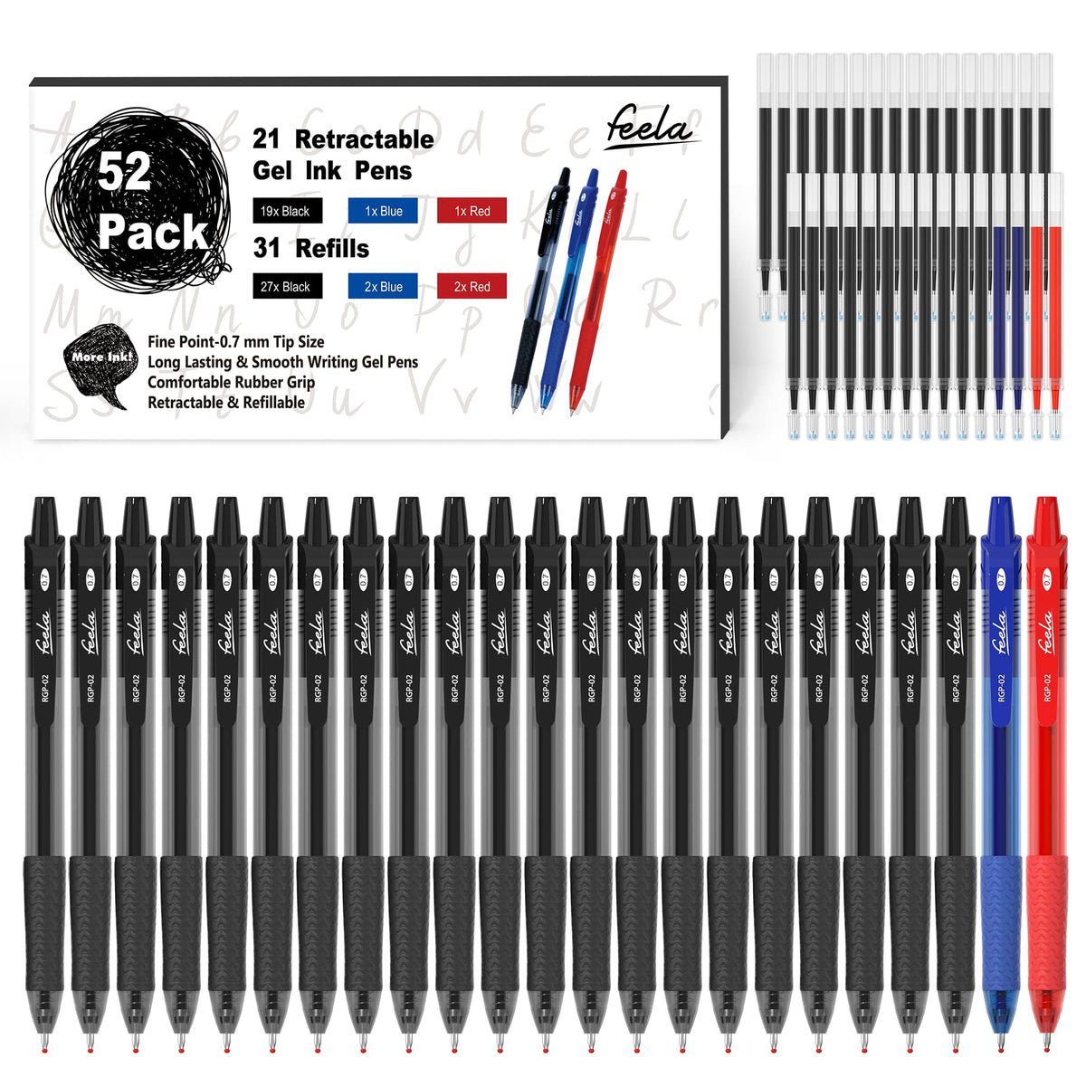 feela 52 Pack Retractable Black Ink Gel Pens, Premium Medium Point Rollerball Pens for School