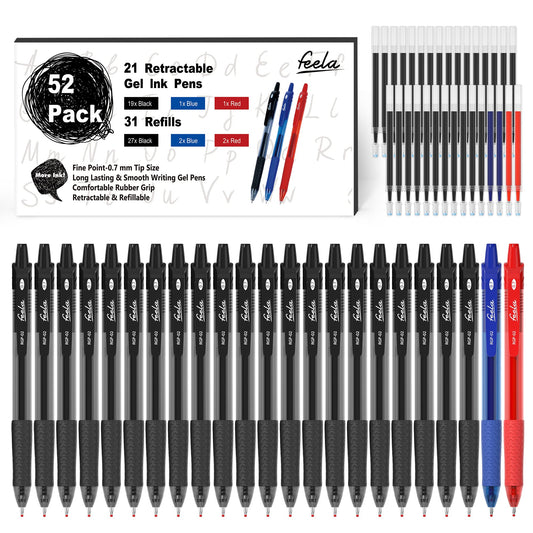 feela 52 Pack Retractable Black Ink Gel Pens, Premium Medium Point Rollerball Pens for School