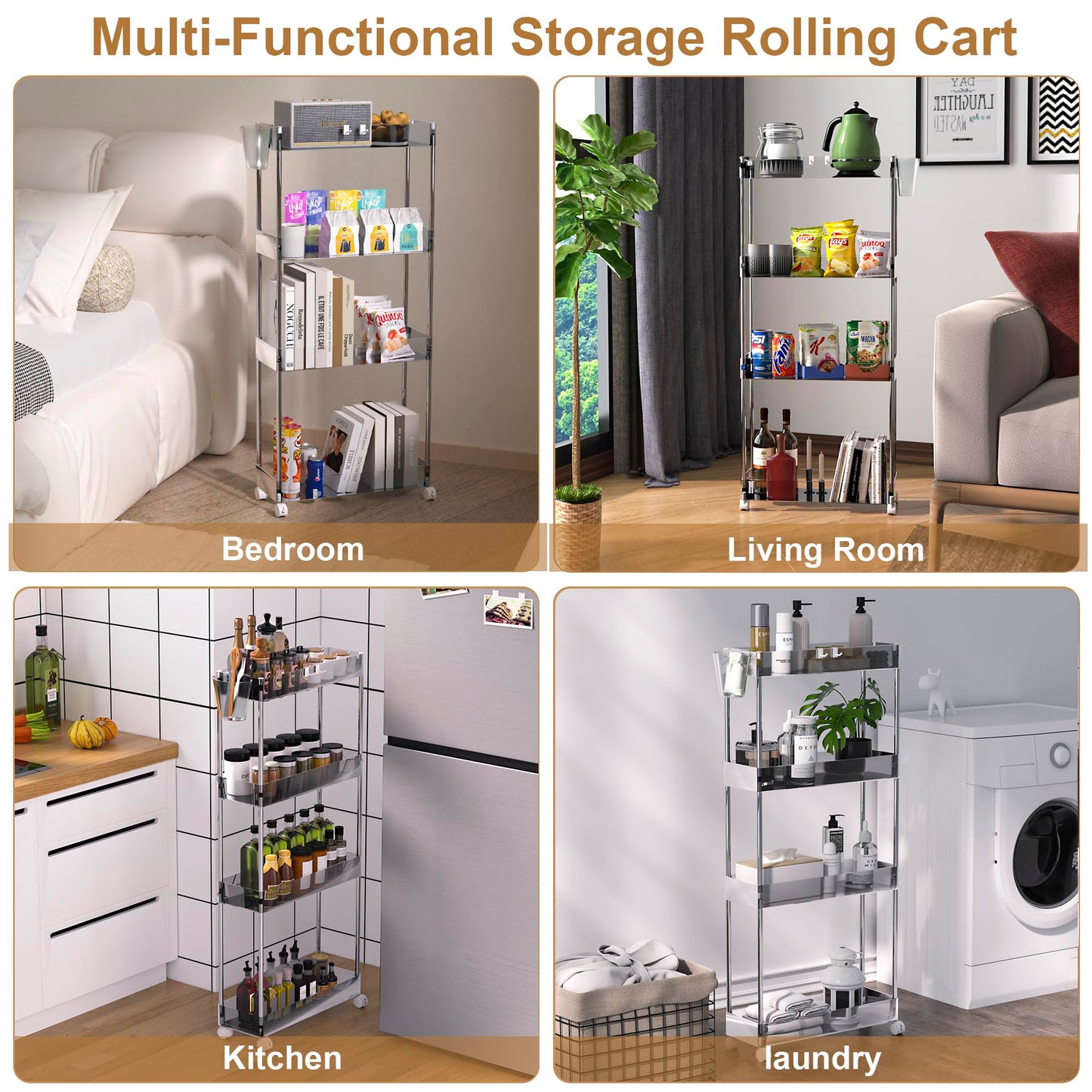 VECELO Acrylic 4-Tier Rolling Cart, Slim Utility Cart for Storage, Mobile Storage Cart with