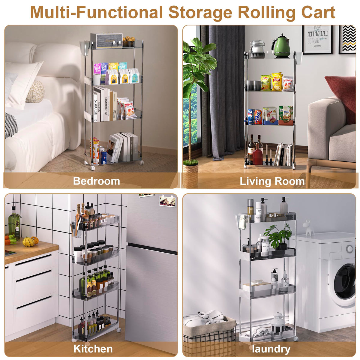 VECELO Acrylic 4-Tier Rolling Cart, Slim Utility Cart for Storage, Mobile Storage Cart with