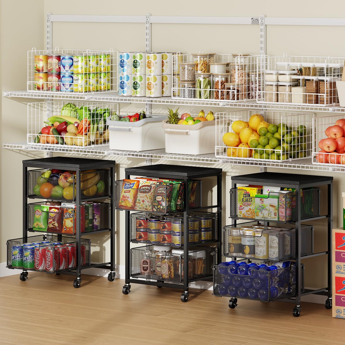 Pantry Organizer and Storage Cart, 3-Tier Kitchen Storage Cart with Drawer, Fruit Vegetable Storage