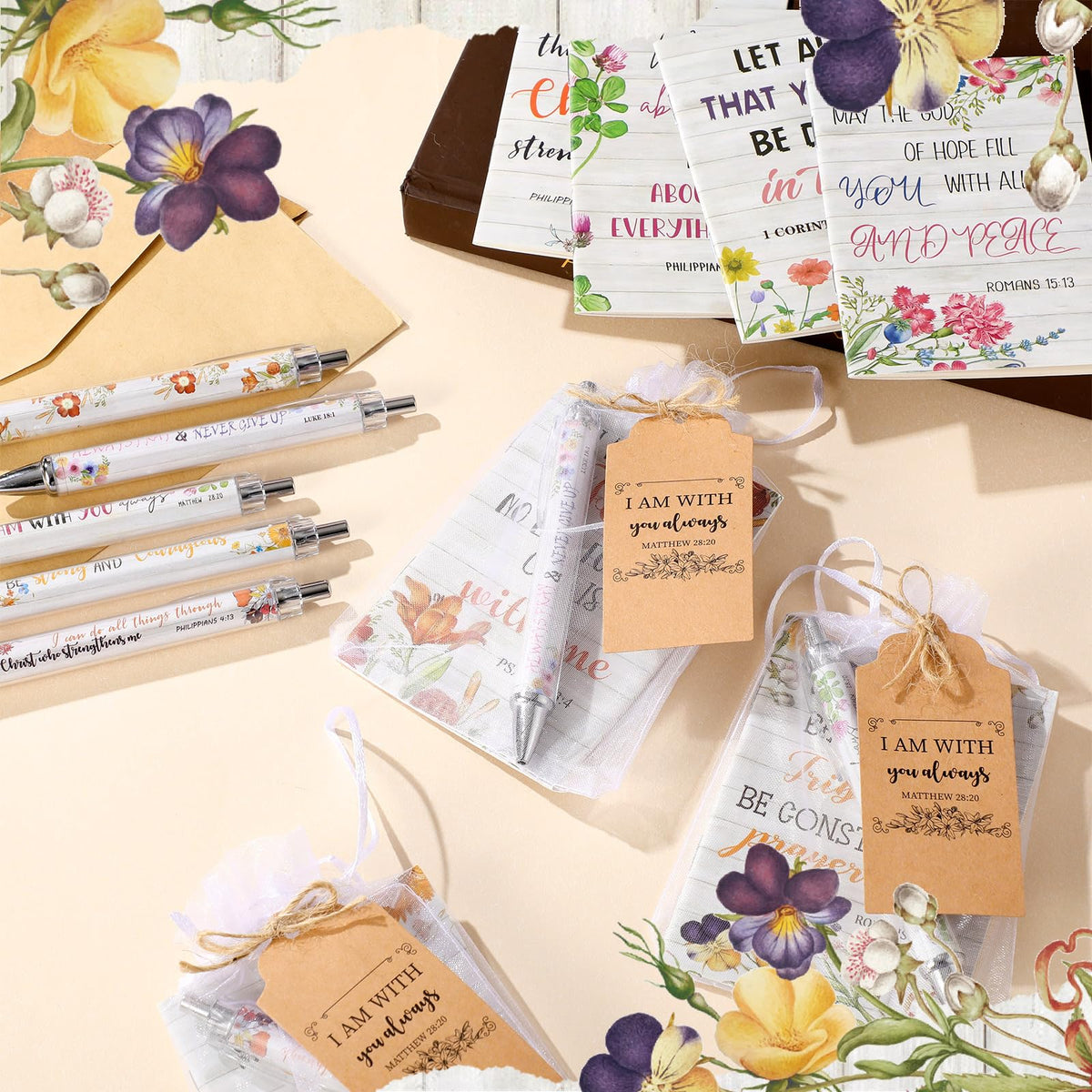Qeeenar 200 Pcs Christian Gift Bulk Set Bible Verse, White, Floral