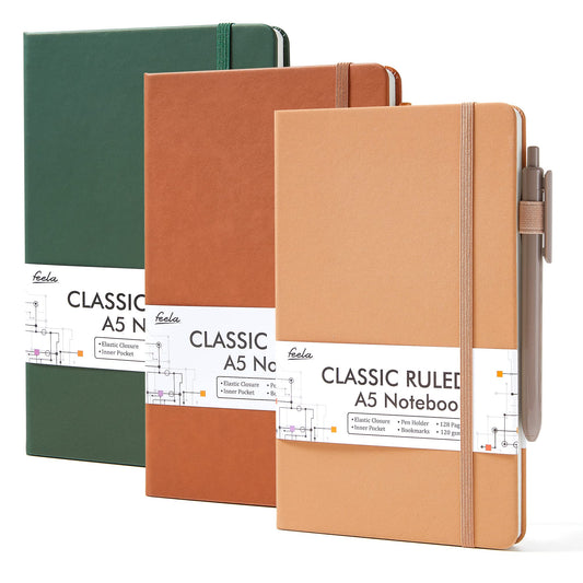 feela Hardcover Notebook For Work, Classic Ruled Lined Journal Set School Business Supplies, with 3