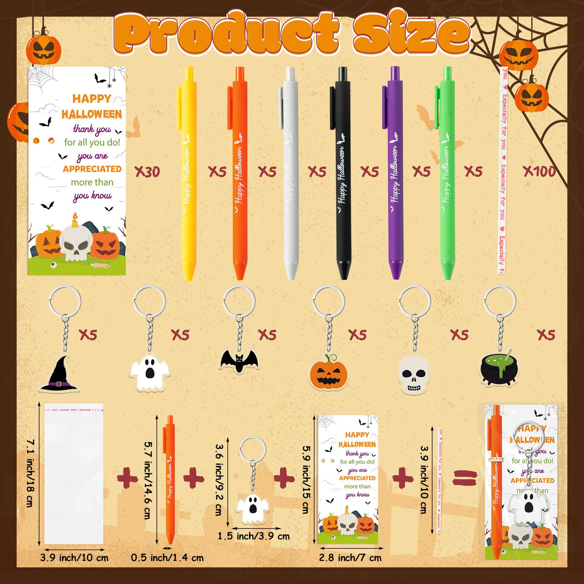 ANGOLIO Halloween Party Favors, 30 Sets Ballpoint Pens Bookmarks Keychains