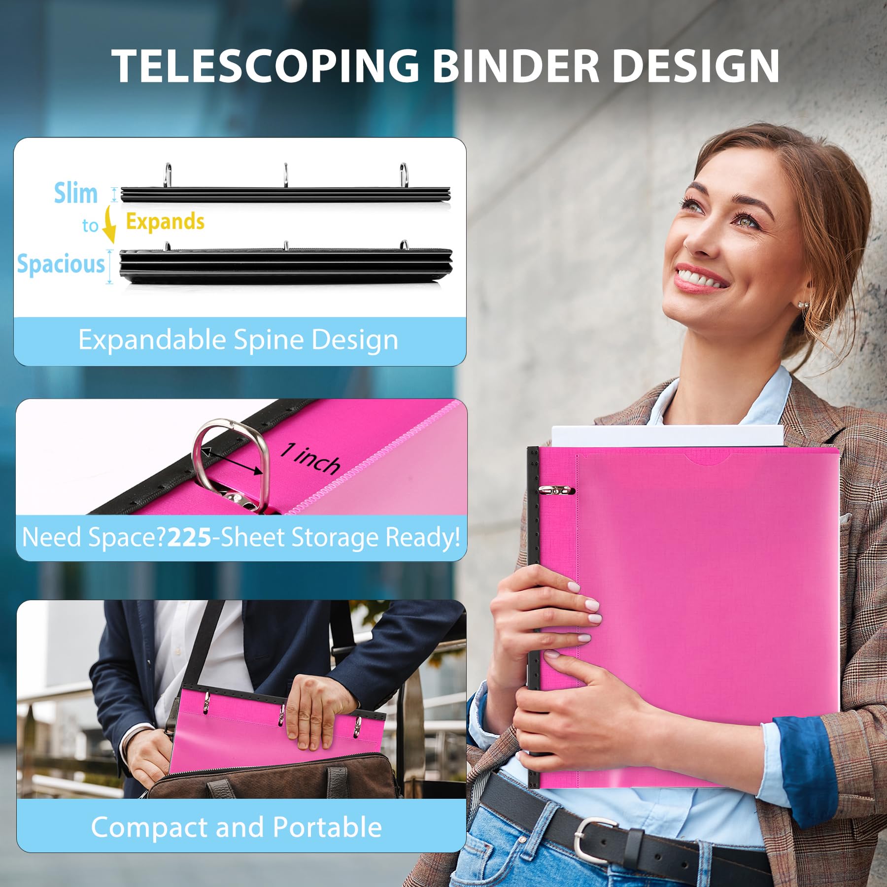 WOT I 4-Pack Telescoping 3 Ring Binder 1 Inch, Expandable Flexible Binder - Patented Design for