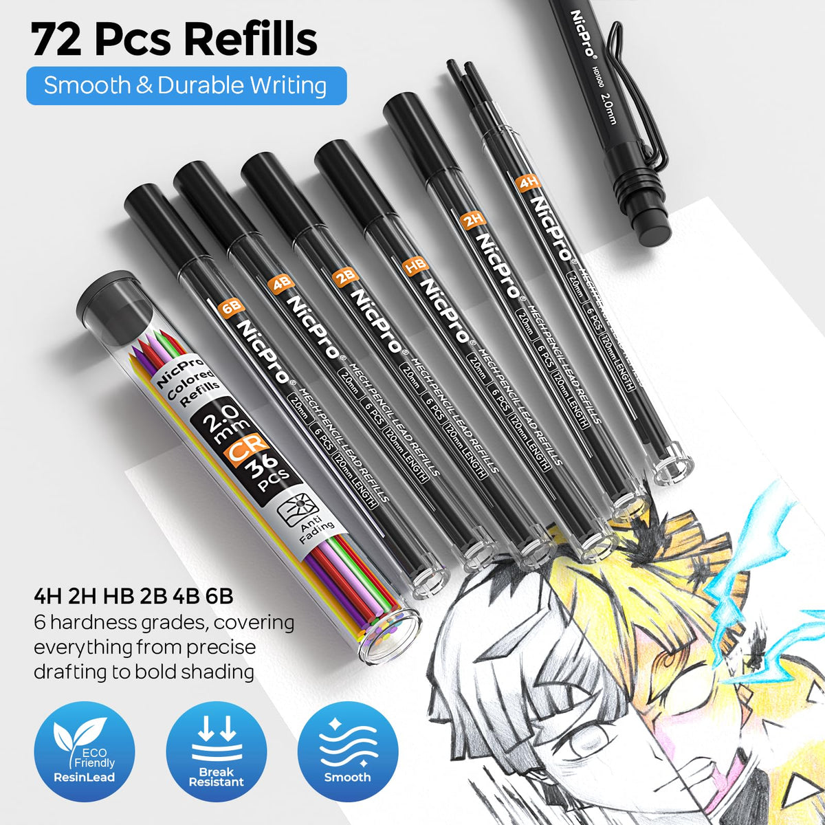 Nicpro 2.0 mm Mechanical Pencil Set, 3PCS Artist Lead Pencil Holder 2mm with 72PCS Lead Refills (4H