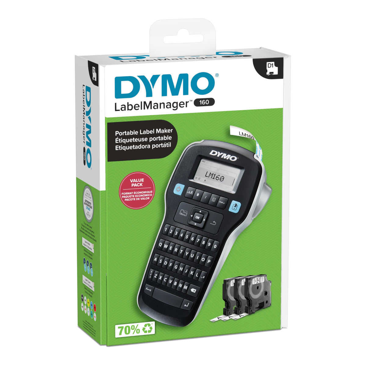 DYMO LabelManager 160 Label Maker Bundle with 3 D1 Label Cassettes, Portable Handheld, QWERTY