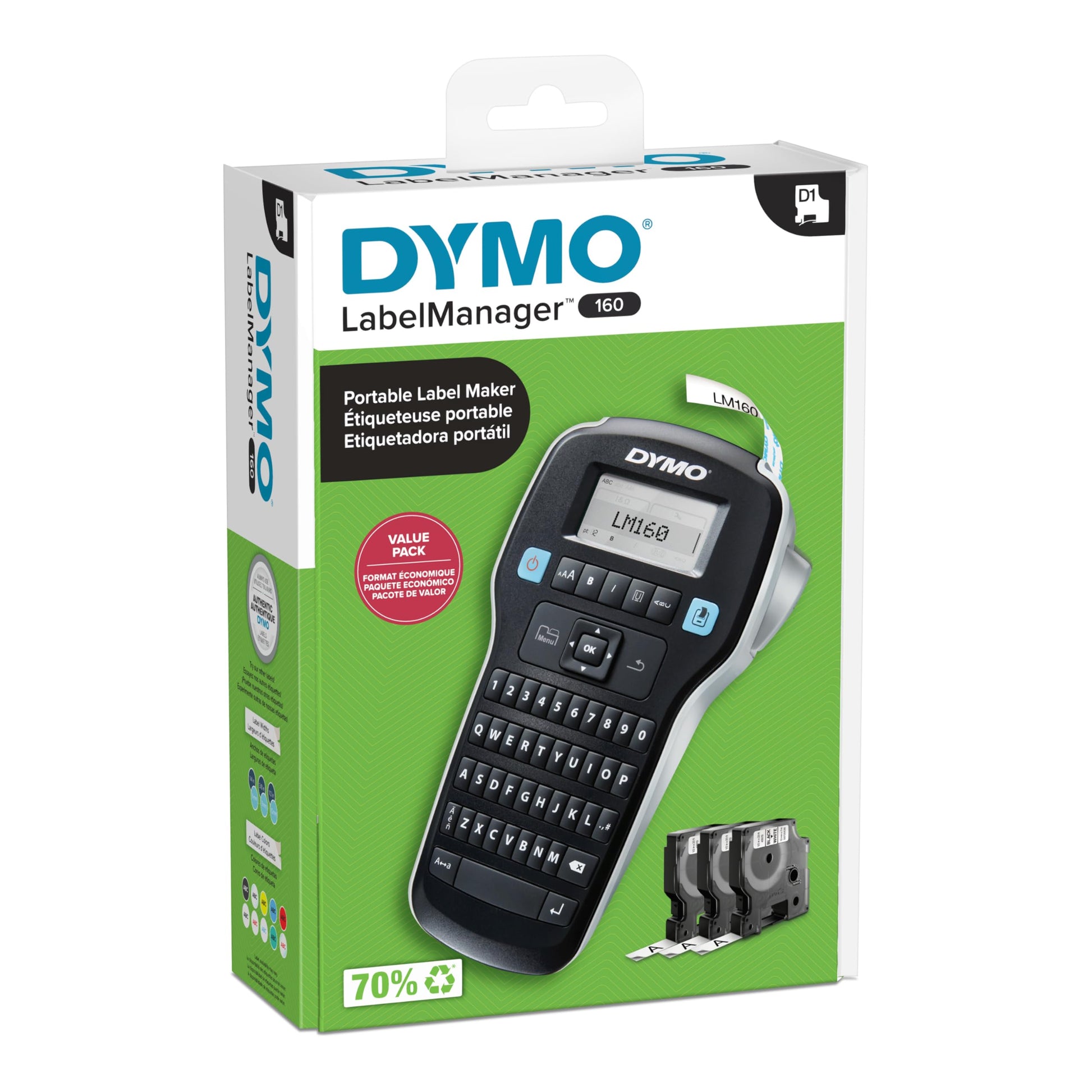 DYMO LabelManager 160 Label Maker Bundle with 3 D1 Label Cassettes, Portable Handheld, QWERTY