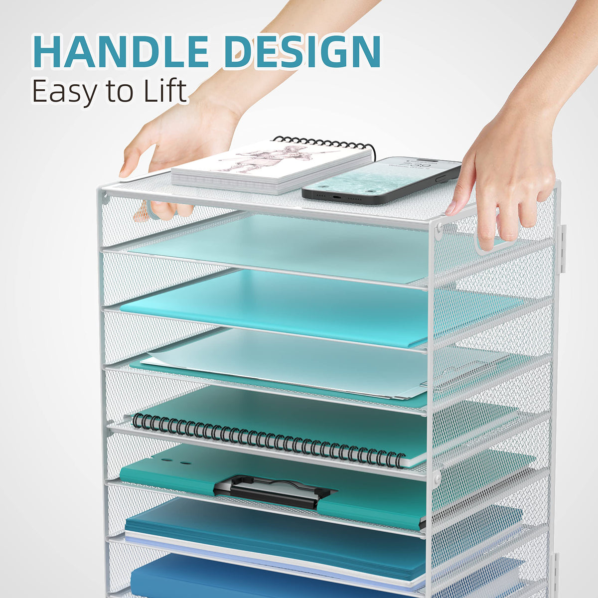9-Tier Paper Organizer for Desk, Metal Mesh Letter Tray with Handles, White