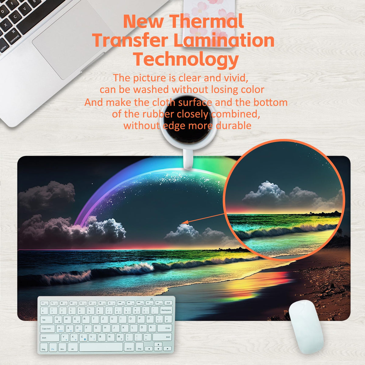 KOAIWPAE Desk Mat, Rainbow and Full Moon Desk Pad, Beach at Night Large Gaming Mouse Pad for Desk