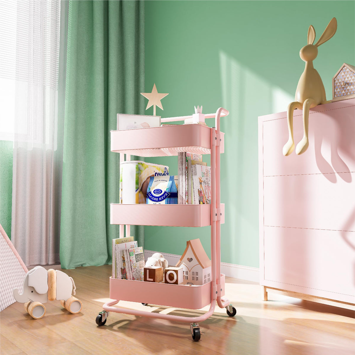 Mzzelry Metal Rolling Storage Cart, 3-Tier Utility Cart with Wheels, Multifunctional Organizer