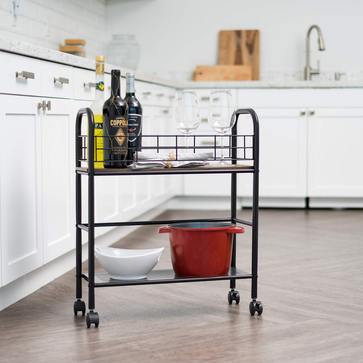 IRIS USA 2-Tier Rolling Kitchen Cart, Slim Storage, Rustic Brown