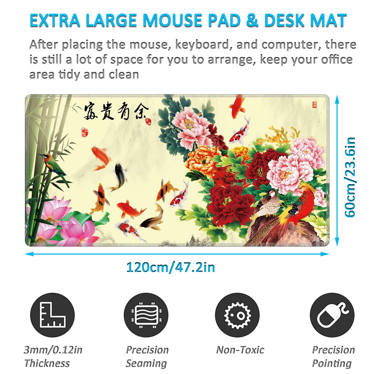 LL-COEUR XXL Landscape Gaming Mouse Pad Computer Keyboard Mat Office Desk Pad (Fish, 47.2" x 23.6"