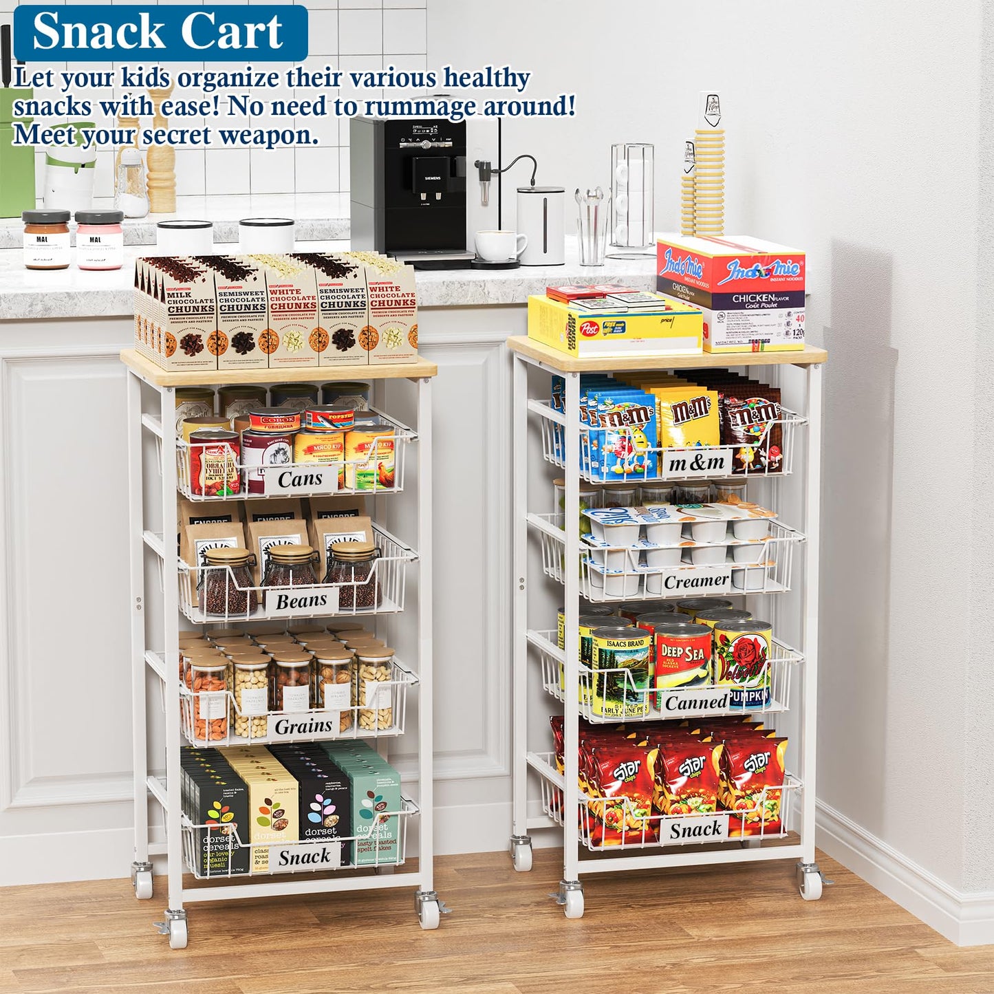 OKZEST 5-Tier Kitchen Storage Cart with 4 Upgraded Drawer Basket & Wood Top