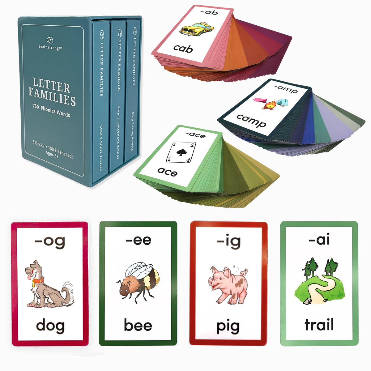 BRAINSTRONG Phonics Flash Cards Ages 5-8 Learn to Read 750 Short/Long Vowels & Consonant Blends