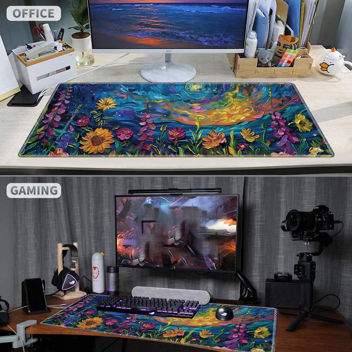 Large Gaming Mouse Pad Plus a Coasters + Cable Clips, Vibrant Watercolor Flowers Extended Mousepad