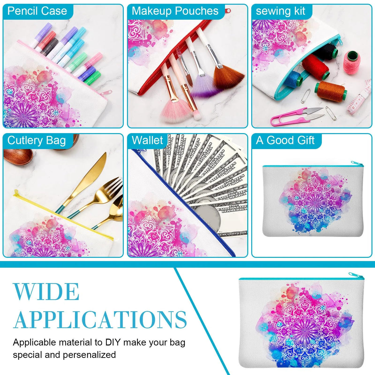 Frienda 50 Pcs Sublimation Blank Canvas Makeup Bags Bulk DIY Heat Transfer Canvas Pen Case Pencil