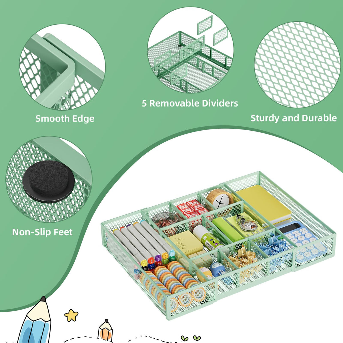 Marbrasse Expandable Desk Drawer Organizer, Mesh Drawer Organizer Tray with 10 Adjustable