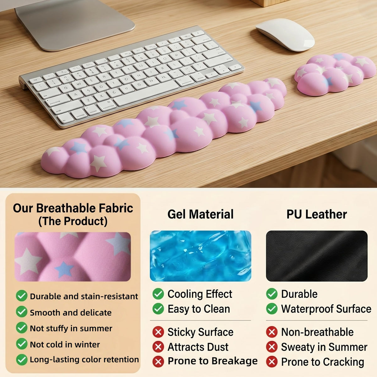 LJYZMD Cloud Wrist Rest Set for Keyboard & Mouse, 16.9", Pink Colorful Star
