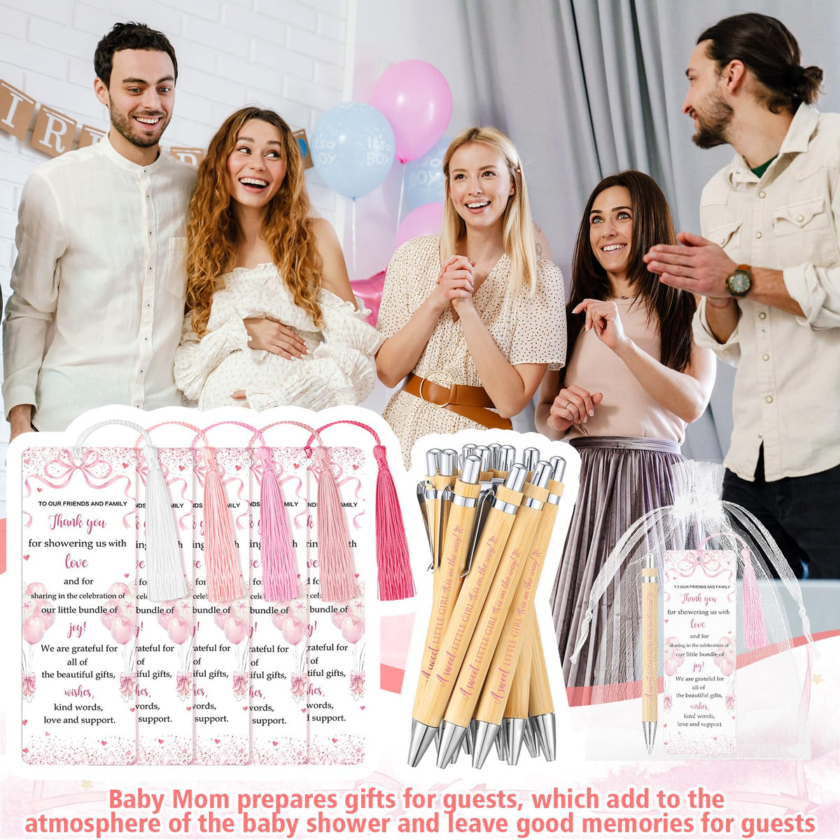 Gilprop 50 Sets Pink Bow Baby Shower Favors for Guests Includes 50 Baby Shower Ballpoint Pens 50