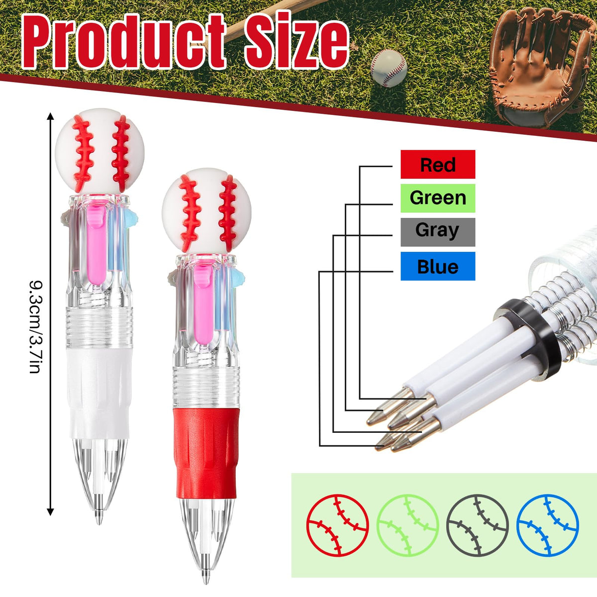 Kosiz 48 Pack Baseball Party Favors Multicolor 4 in 1 0.5mm Ballpoint Pen